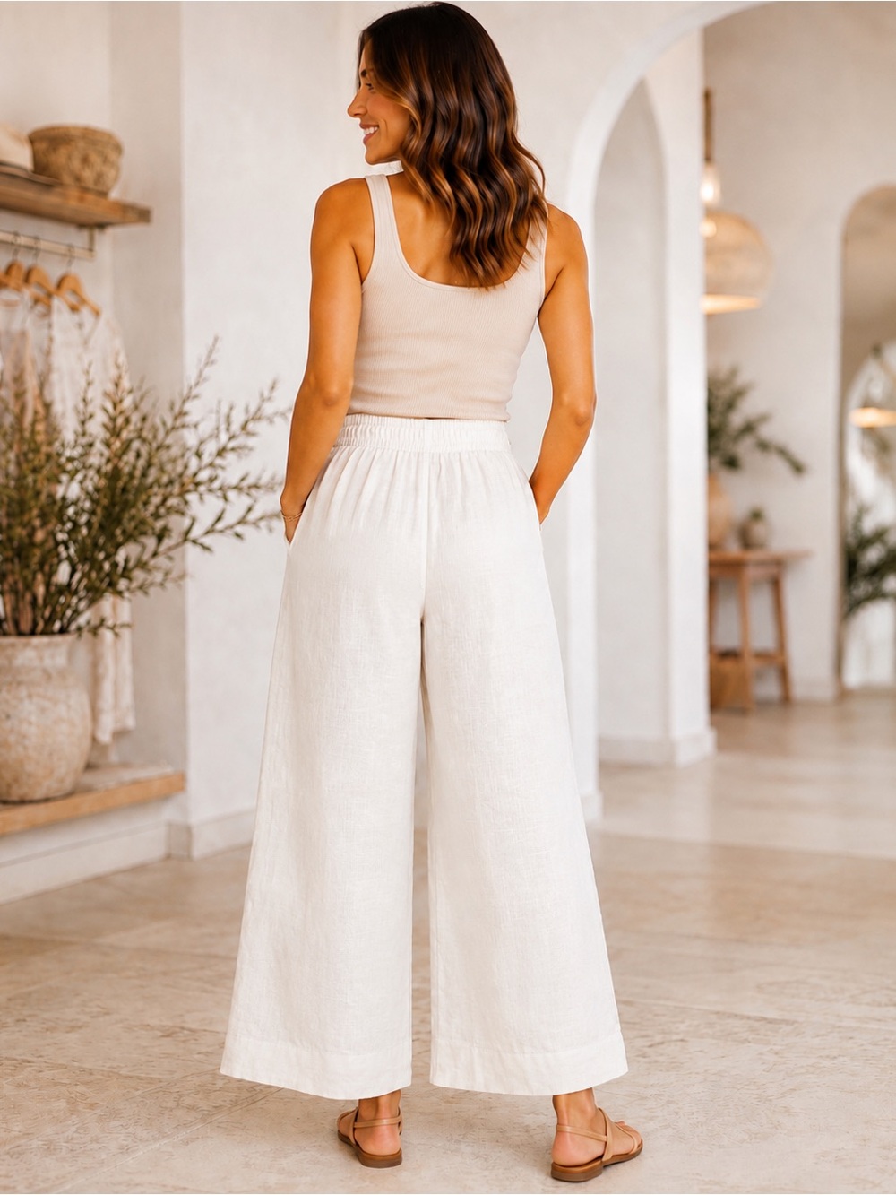 POL Cream Wide-Leg Embroidered Linen Pants with Navy Trim - Picture 2 of 4